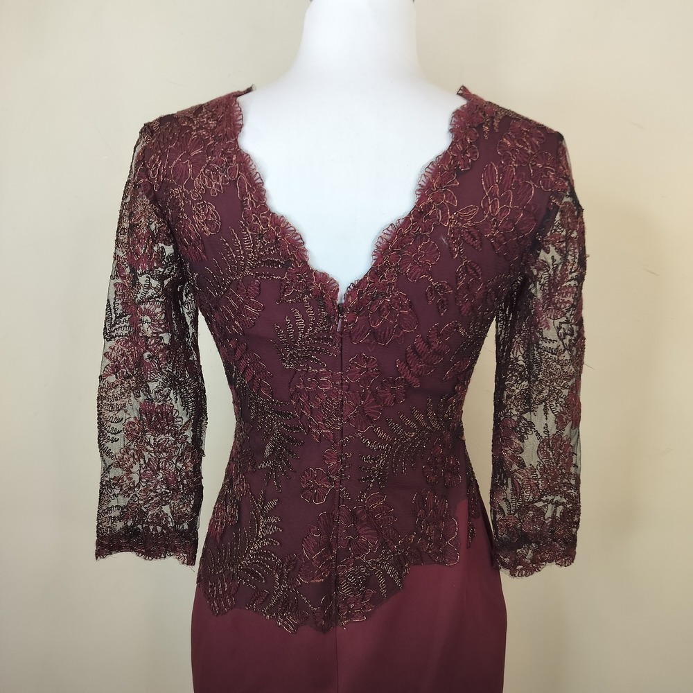 Tadashi Shoji Lace Embroidered Sheath Dress 2 Sheer Overlay Cocktail Raisin - Picture 9 of 14
